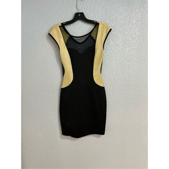 Vintage 90s Black Sheer Mesh Short Sleeve Mini Bodycon Dress Sexy Cocktail S - Picture 1 of 4